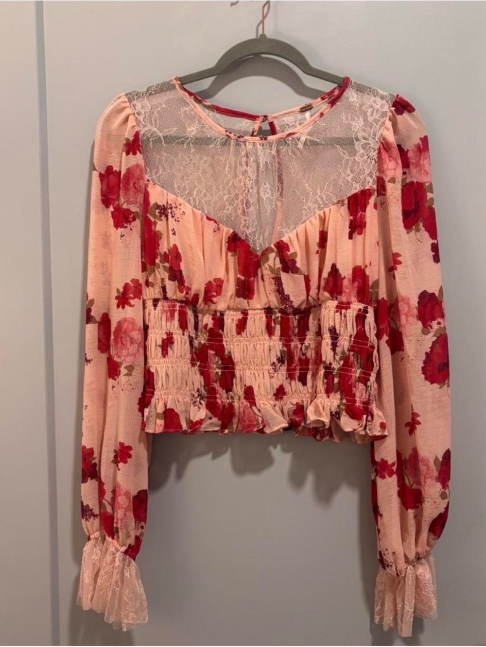 Free People Pink Floral Lace Yoke Smocked Crop Top Medium